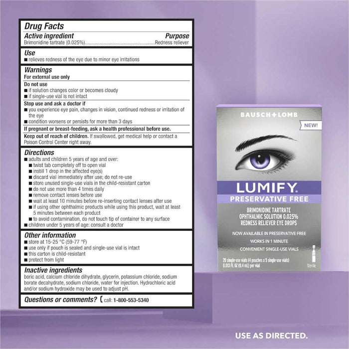 Lumify Preservative Free 20 Single Use Vials Usage Instructions On Reverse Of Packaging
