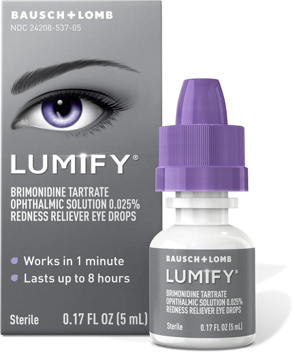 Lumify Eye Drops UK Eye Drops 5ml product bottle next to outer packaging, in front of white background
