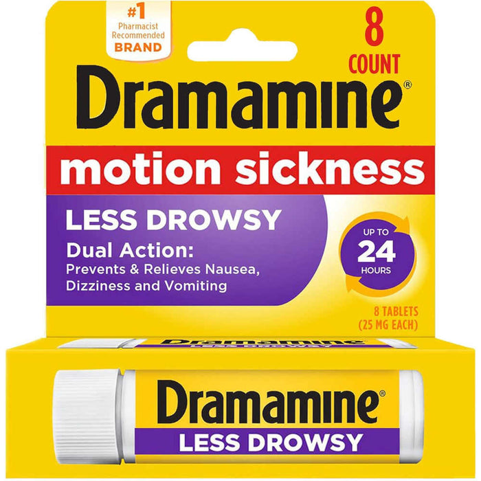 Dramamine Less Drowsy Motion Sickness Tablets 8 In Front Of White Background