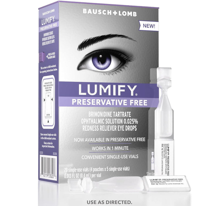 Lumify Preservative Free 20 Single Use Vials In Front Of White Background