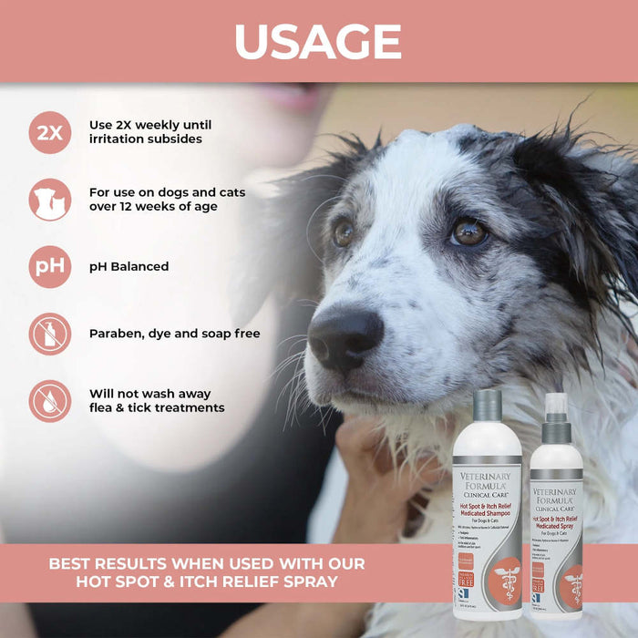Veterinary Formula Clinical Care Hot Spot Shampoo 16Oz Banner Showing Usage Instructions