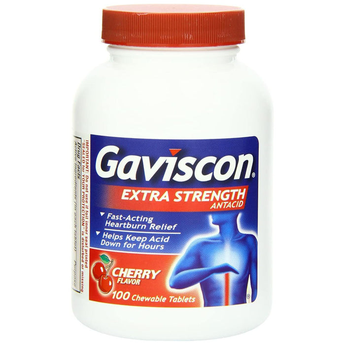 Gaviscon Extra Strength Antacid Chewable 100 Tablets Cherry Flavor In Front Of White Background