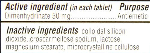 Dramamine Original  Formula Motion Sickness Relief  Tablets 12, ingredients list on reverse of product packaging