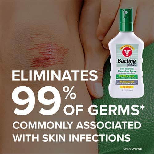 Bactine Max Pain Relieving Spray 5 Oz  banner stating - Eliminates 99% Of Germs.