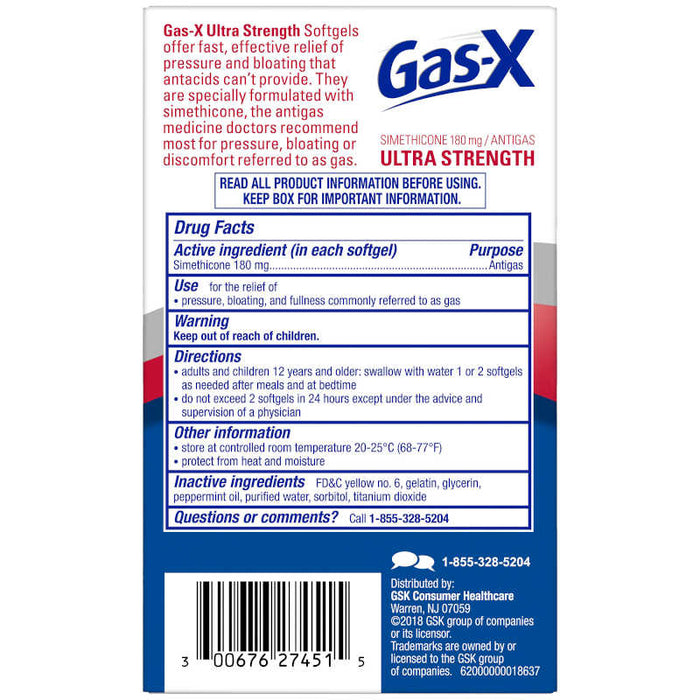 Gas-X Ultra Strength 50 Softgels Usage Instructions On Reverse Of Product Packaging.