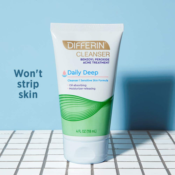 Differin Daily Deep Cleanser 4 Oz Banner that reads -Wont strip skin.