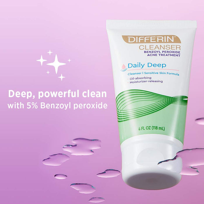 Differin Daily Deep Cleanser 4 Oz Banner That Reads - Deep, powerful clean with 5% Benzoyl Peroxide