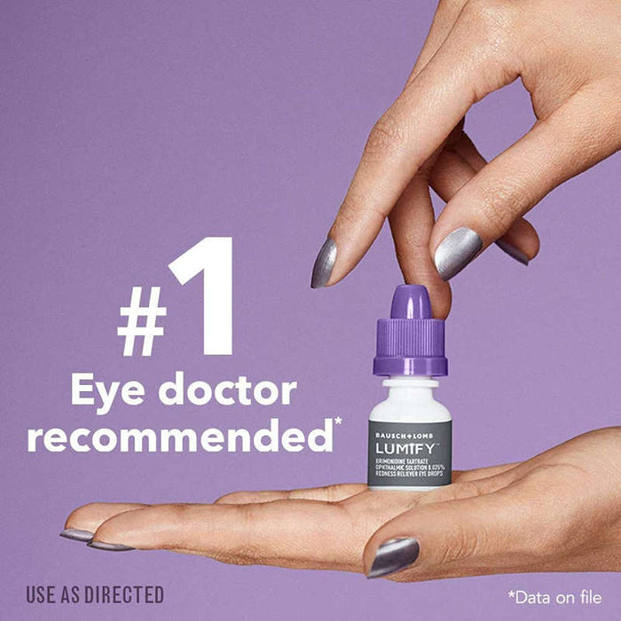 Lumify Eye Drops UK Redness Reliver Eye Drops Banner showing a pair of hands holding a bottle of Lumify eye drops in front of a purple background. Slogan next to hands reads number 1 eye doctor recommended