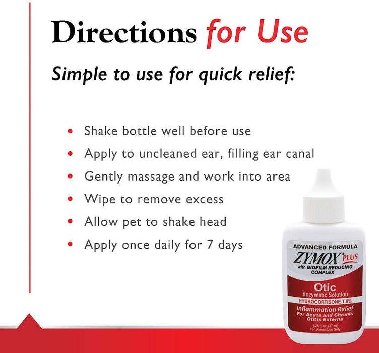 Zymox Plus Advanced Formula 1% Hydrocortisone Otic Dog & Cat Ear Solution, 1.25 oz directions for use banner
