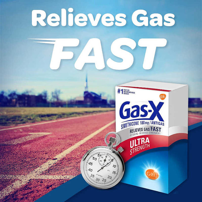 Gas-X Ultra Strength Softgels Banners Showing  running Track And Product Box. Text Reads - Relieve Gas Fast.