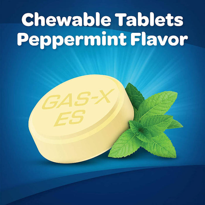 Gas-X Extra Strength Chewable Tablets Peppermint Creme 48 Banner showing product Tablet in front of blue background
