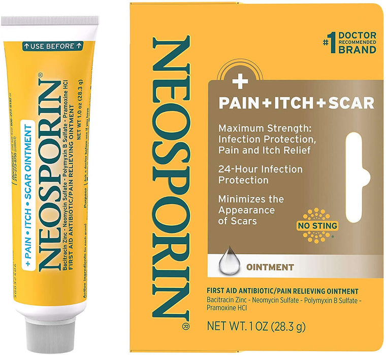 Neosporin Pain Itch Scar Antibiotic Ointment 1 Oz Outer Packaging And Inner Tube In Front Of White Background.