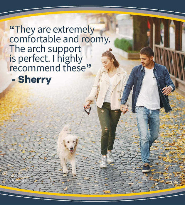 Dr. Scholl's Pain Relief Orthotics for Arch Pain banner showing male & female walking a dog and moving freely with visual comment stating that the " arch support is perfect".