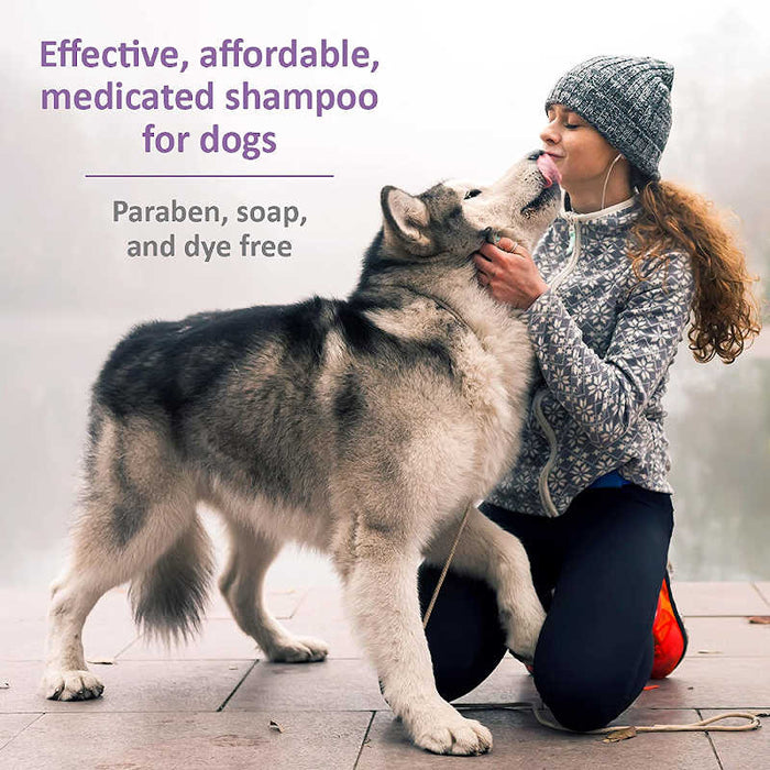 Veterinary Formula Clinical Care Antiparasitic & Antiseborrheic Medicated Dog Shampoo - Woman kissing a dog with the product benefits - Paraben, soap & dye free listed.