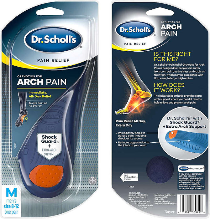 Dr. Scholl's Pain Relief Orthotics for Arch Pain Men's front and reverse of outer packaging in front of white backdrop