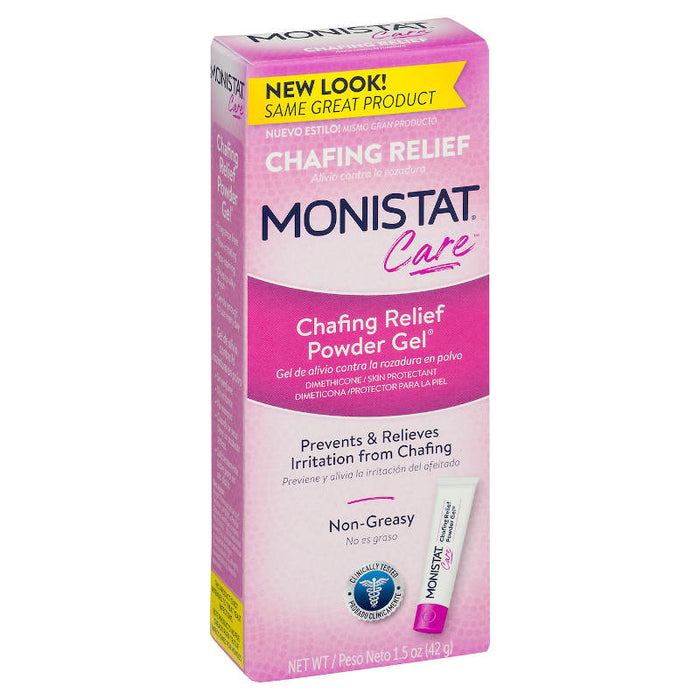 Monistat Complete Care Chafing Relief Powder Gel, 1.5 oz product packaging image taken at an angle in front of white background
