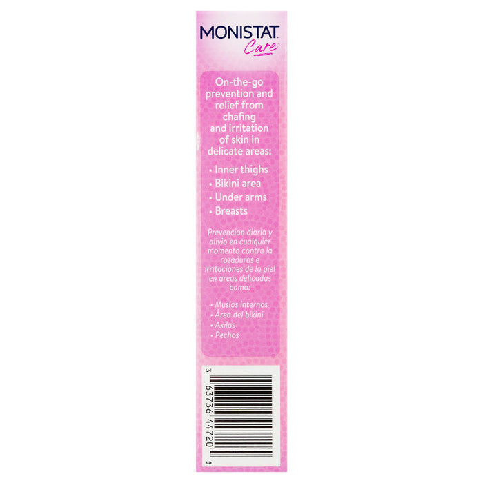 Monistat Complete Care Chafing Relief Powder Gel, 1.5 oz image of the side of the product packaging, highlighting basic usage instructions