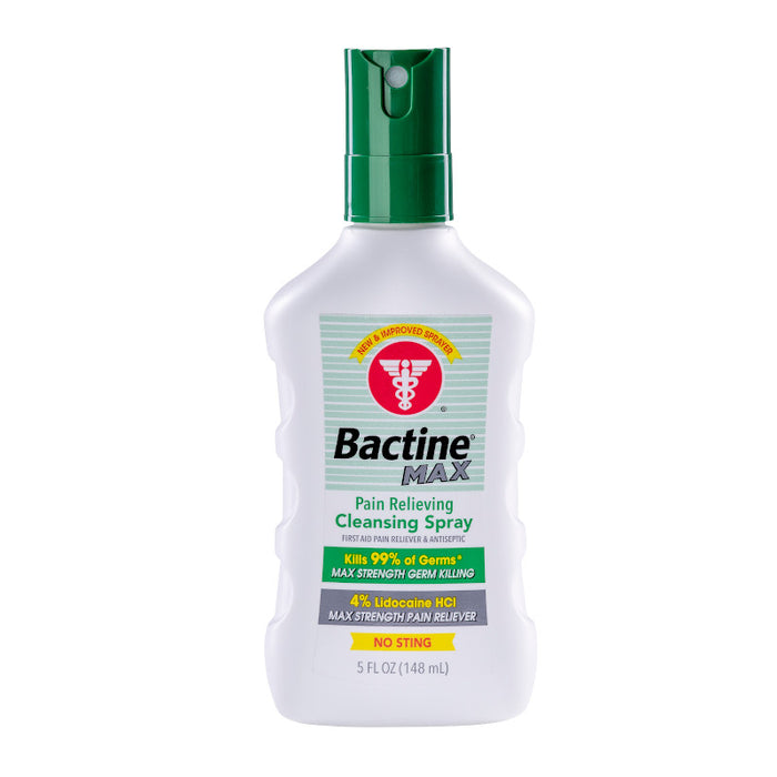Bactine Max Pain Relieving Spray 5 Oz Bottle In Front Of White Background.
