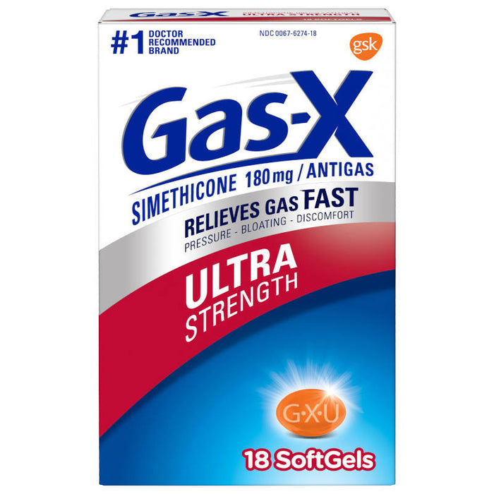 Gas X Ultra Strength 18 Softgels In Front Of White Background.