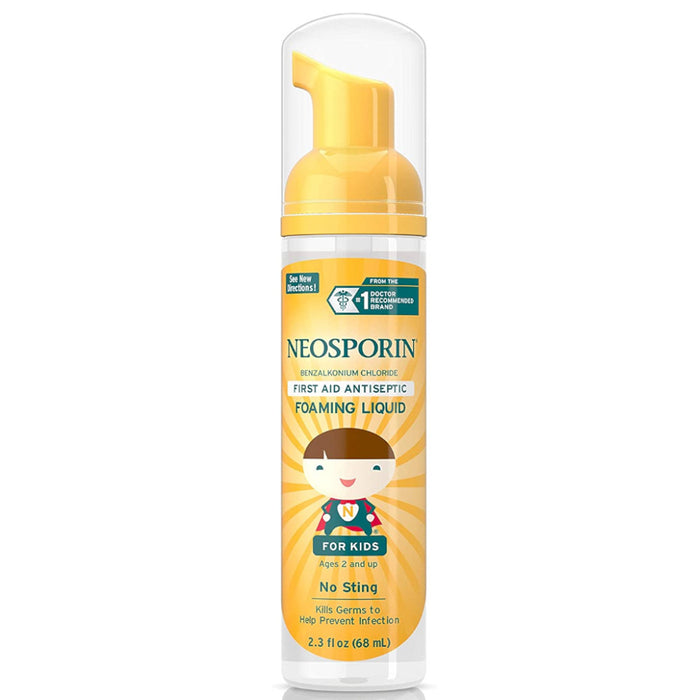 Neosporin First Aid Antiseptic Foaming Liquid Wound Cleanser For Kids 2.3 Oz In Front Of White Background