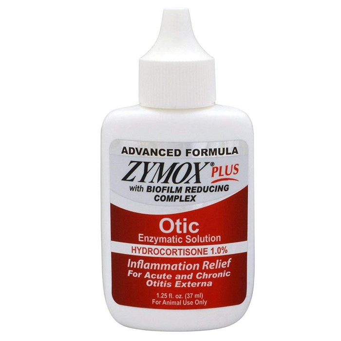 Zymox Plus Advanced Formula 1% Hydrocortisone Otic Dog & Cat Ear Solution, 1.25 oz - Close up image of solution bottle
