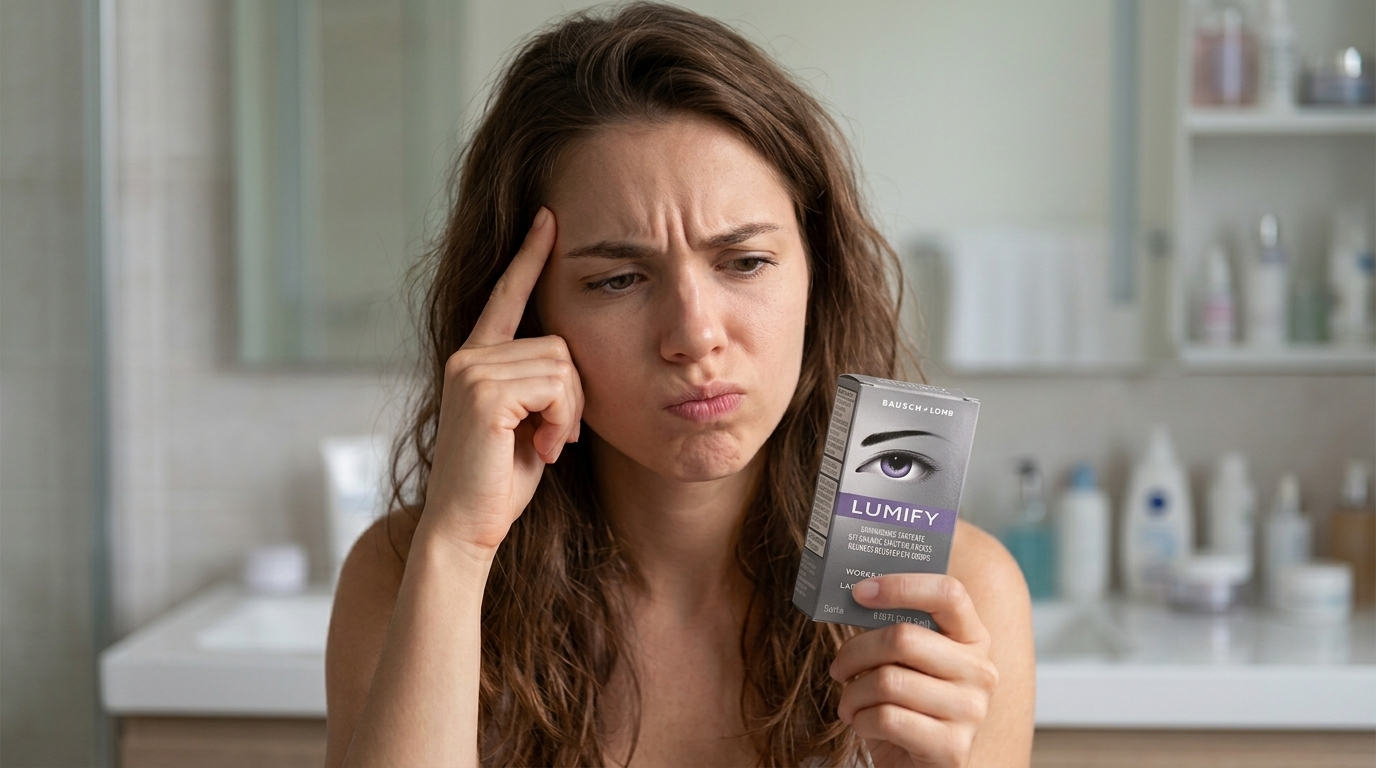 A woman frowns thoughtfully, touching her temple while examining a box of Lumify eye drops in a bright bathroom, conveying uncertainty.