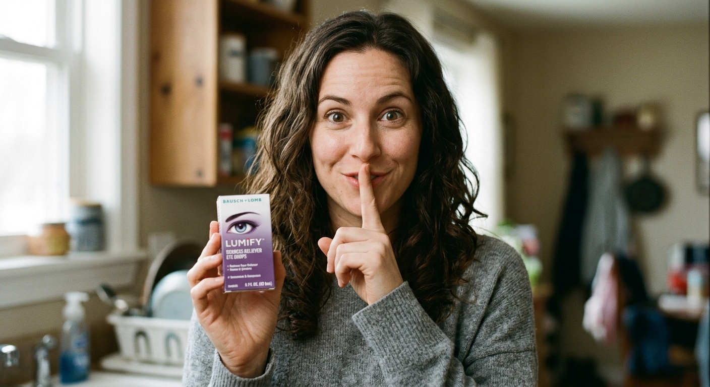 A smiling woman in a bright kitchen holds a Lumify eye-drop box and raises one finger to her lips, creating a playful, secretive mood.