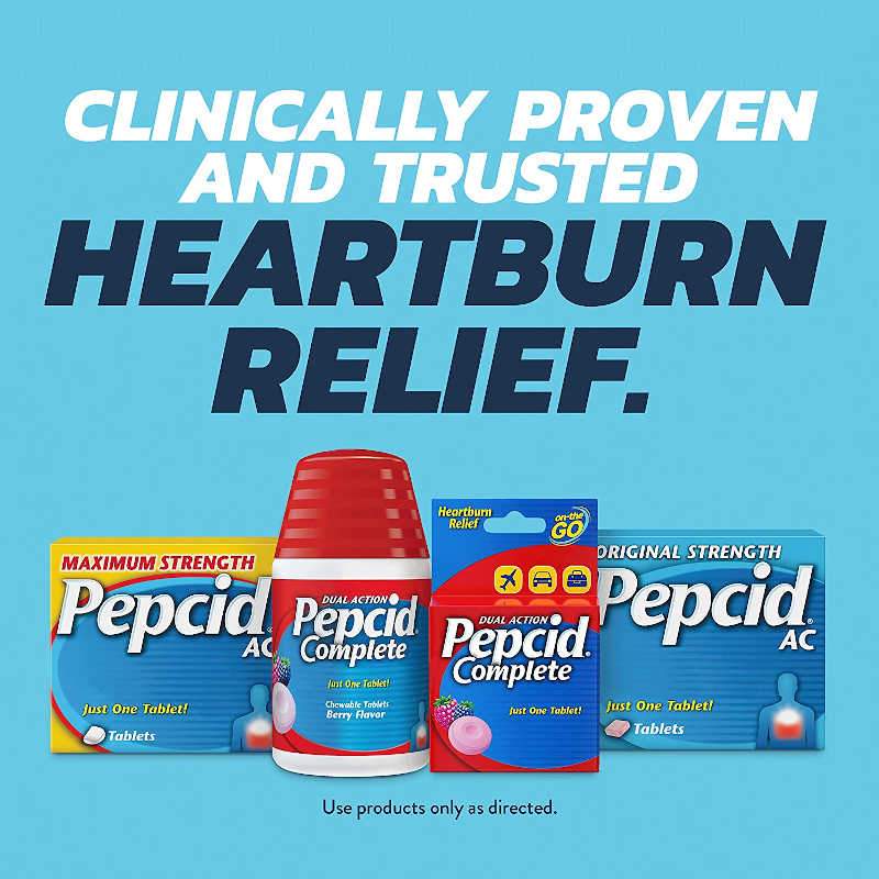 Pepcid UK Banner showing various Pepcid products, including, Pepcid UK Maximum Strength 20 mg Famotidine tablets, Pepcid UK Original Strength 10 mg Famotidine tablets & Pepcid Complete UK 