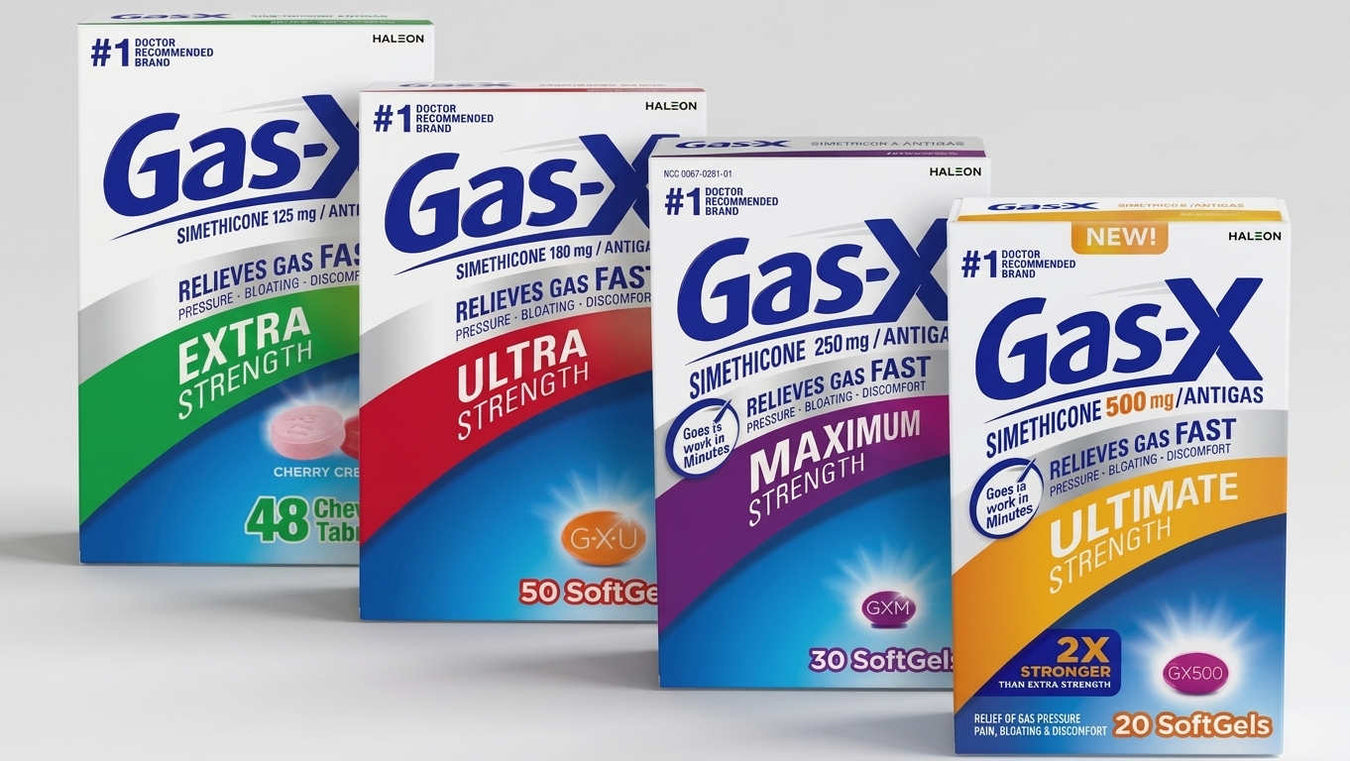Four colorful Gas-X softgel & chewable tablet packages arranged in a row, showing extra, ultra, maximum, and ultimate strengths; clean product display on a gray background.