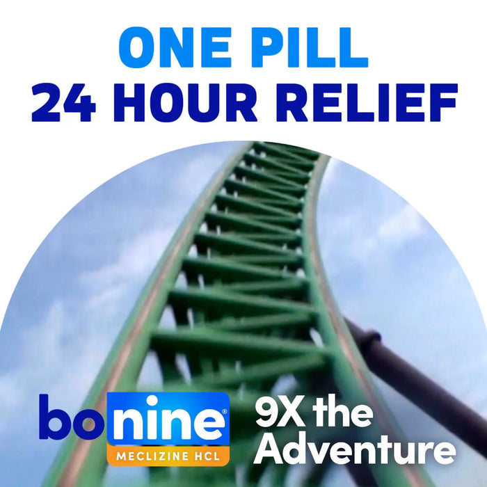 Bonine Max Strength Motion Sickness Tablets Peppermint 16 Banner That Reads - One Pill 24 Hour Relief