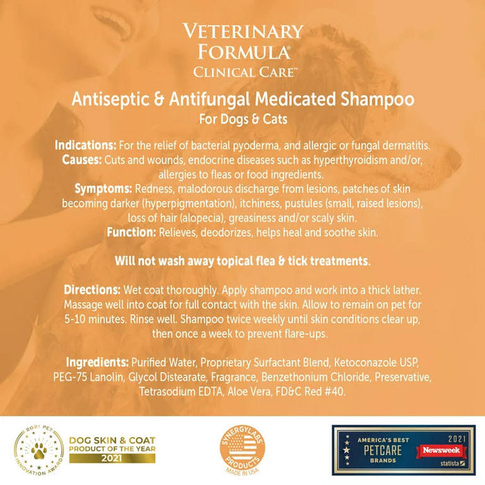 Veterinary Formula Clinical Care Antiseptic And Antifungal Shampoo 16 Oz Banner Showing Usage Instructions