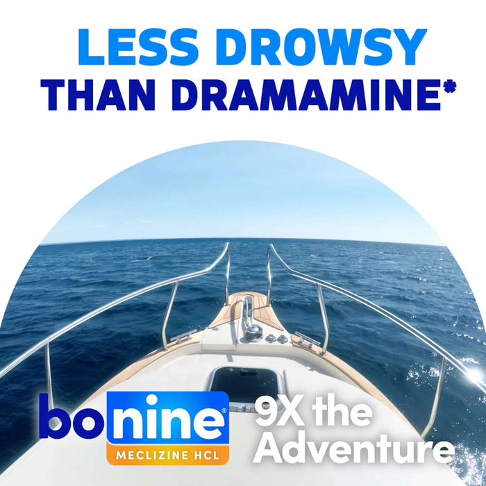 Bonine Max Strength Motion Sickness Tablets Peppermint 16 Banner That Reads = Less Drowsy Than Dramamine