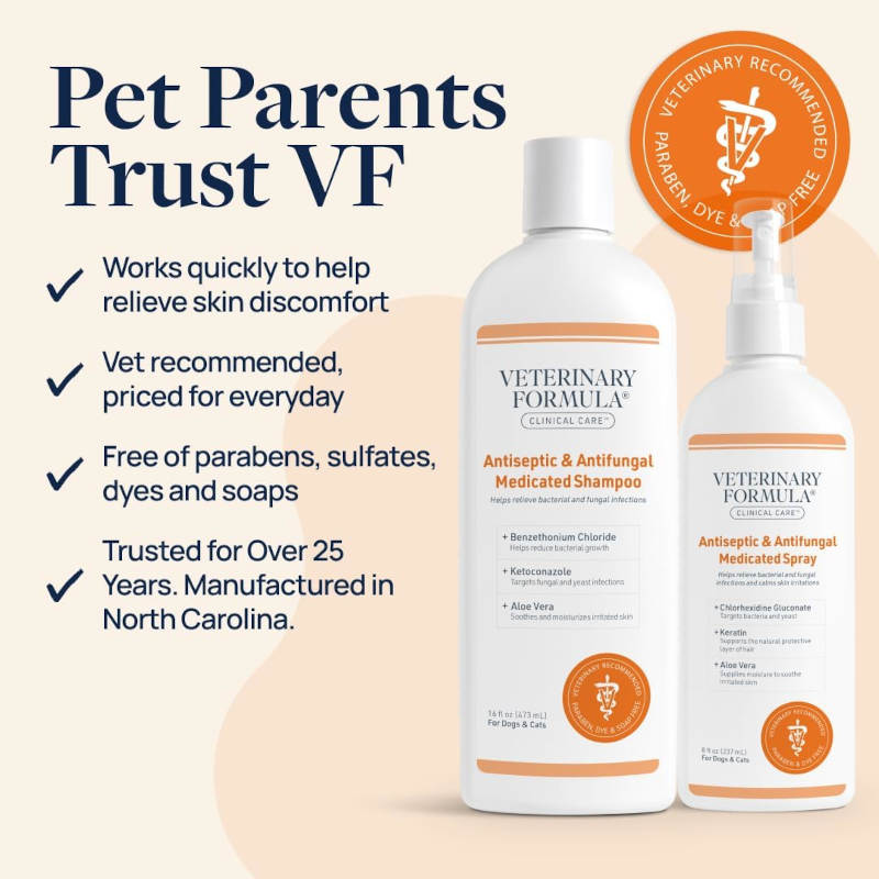 Two bottles of Veterinary Formula pet shampoo and medicated spray on a light beige background with promotional text and an orange circular badge.