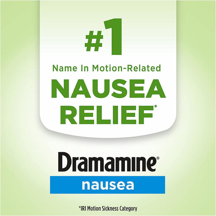 Dramamine Nausea Non=Drowsy Ginger Soft Chews 20 Count Banner That Reads Number 1 Nausea Relief