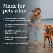 Veterinary Formula Clinical Care Antiseptic & Antifungal Medicated Spray ad; Woman with a dog by the water, with text about pet care solutions.