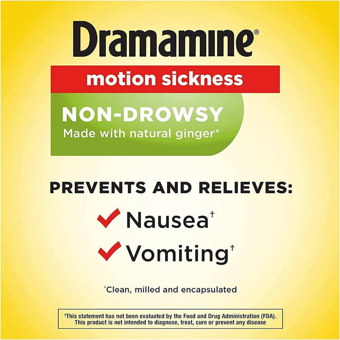 Dramamine Motion Sickness Non-Drowsy Natural Ginger Banner That Reads, Prevents & Relives