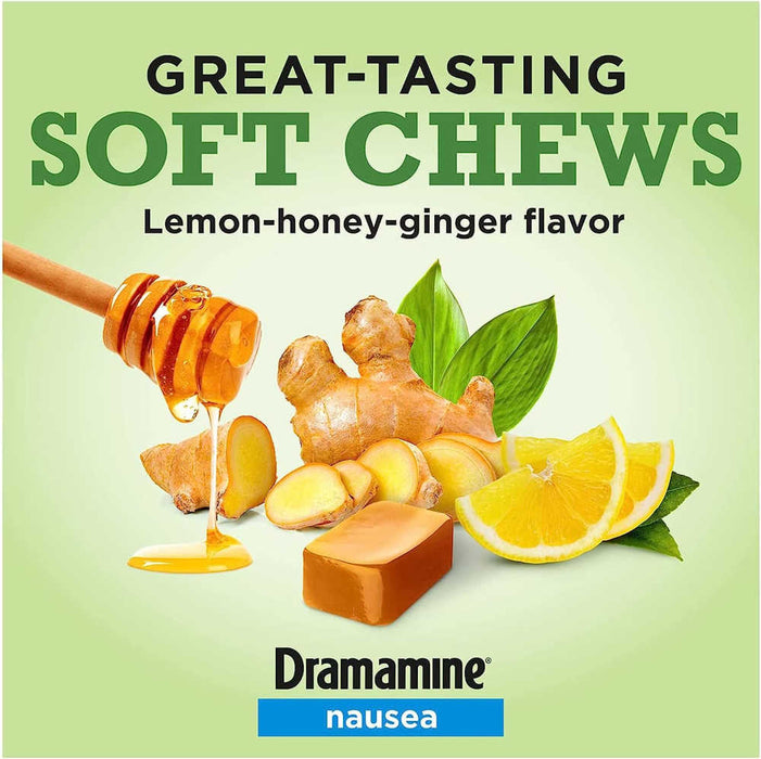 Dramamine Nausea Non=Drowsy Ginger Soft Chews 20 Count Banner That Reads Great Tasting Soft Chews