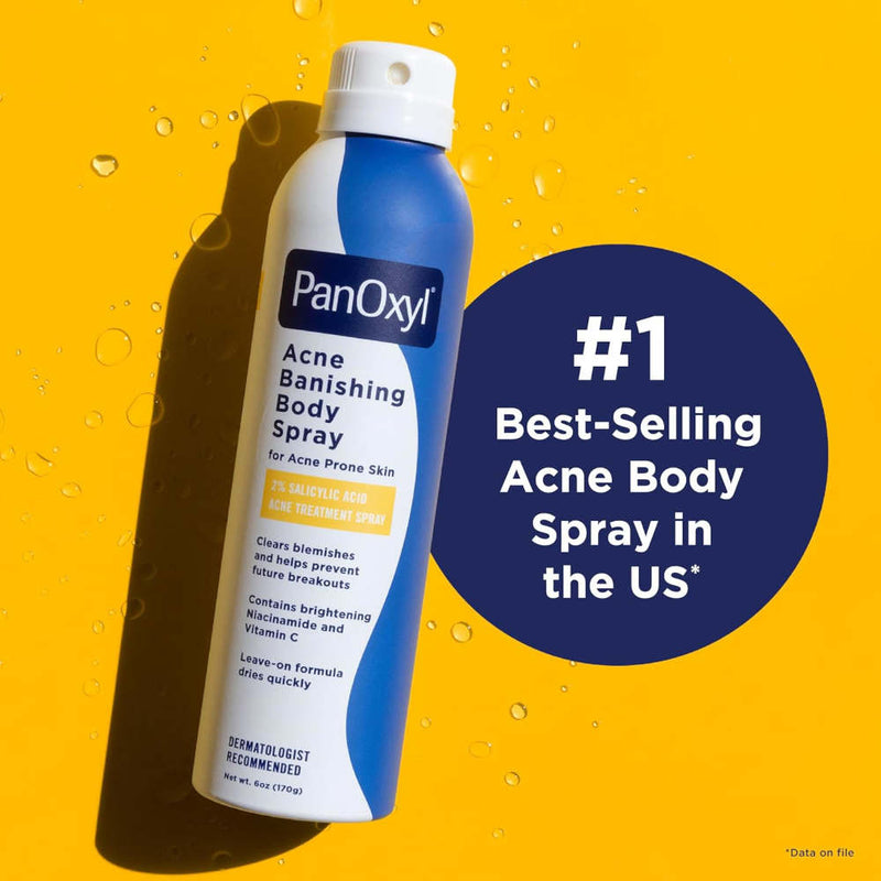 PanOxyl Acne Banishing Body Spray bottle on a yellow background with text indicating it's the #1 best-selling product.