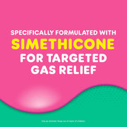 Product label with simethicone for gas relief on a pink and green background