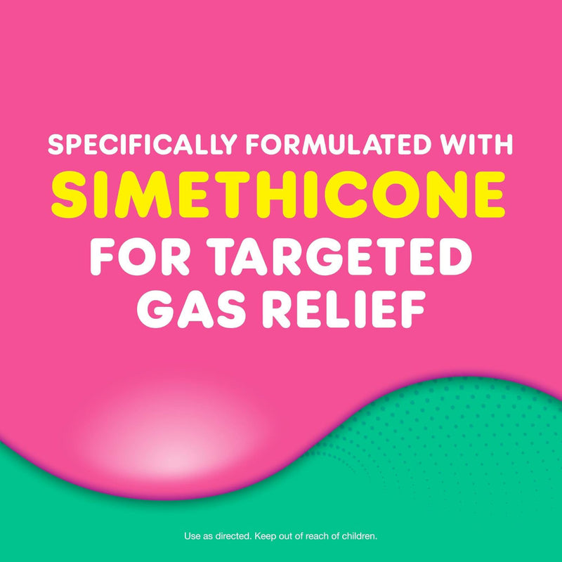 Product label with simethicone for gas relief on a pink and green background