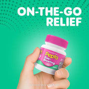A hand holding a bottle of Pepto Ges+Bloating over a bright green background with the text 'ON-THE-GO RELIEF' in large white letters.