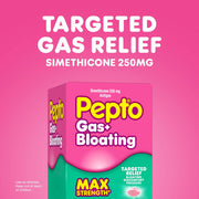 Pepto Gas+ Bloating Simethicone 250mg targeted gas relief product box on a bright pink background with large white text reading 'TARGETED GAS RELIEF' and 'SIMETHICONE 250MG'.