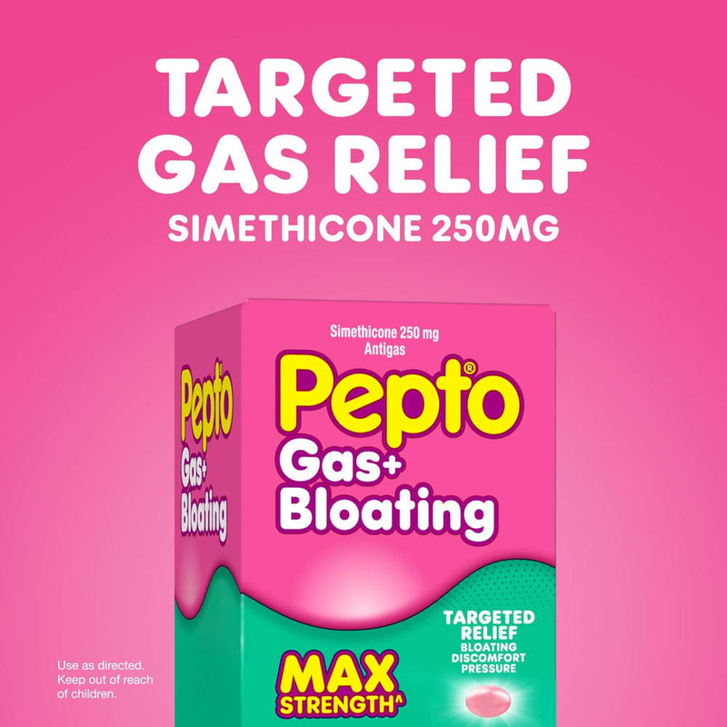 Pepto Gas+ Bloating Simethicone 250mg targeted gas relief product box on a bright pink background with large white text reading 'TARGETED GAS RELIEF' and 'SIMETHICONE 250MG'.