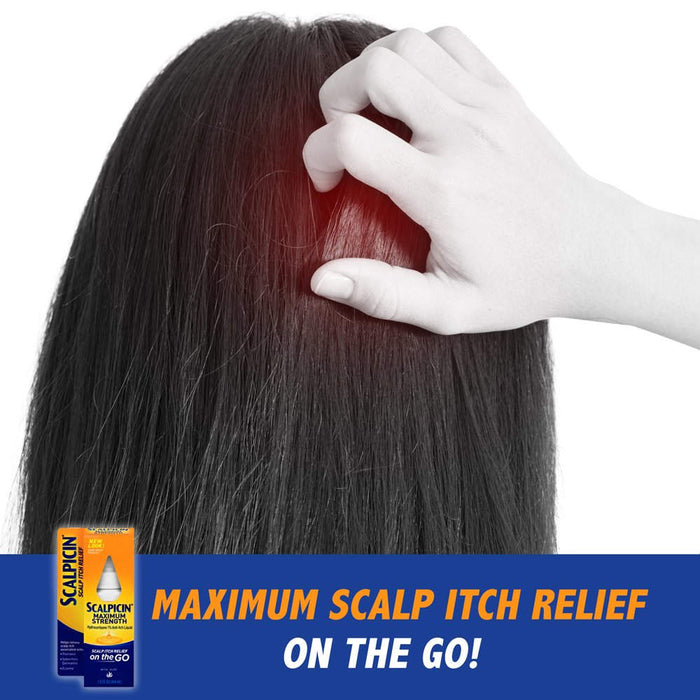 Scalpicin Maximum Strength Hydrocortisone 1% Anti-Itch Scalp Relief Liquid  1.5 Oz Banner That Reads Maximum Scalp Itch Relief On The Go