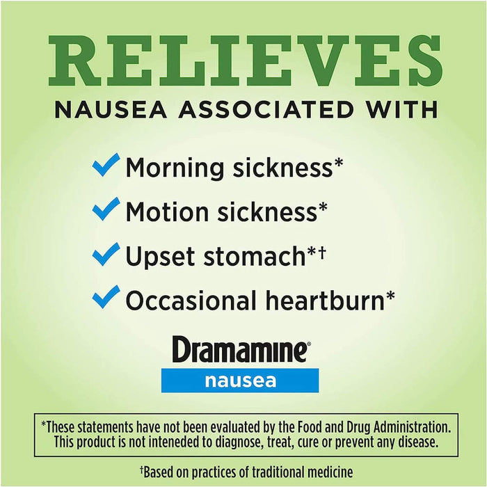 Dramamine Nausea Non=Drowsy Ginger Soft Chews 20 Count Banner That Reads Relieves Nausea Associated With Multiple Conditions