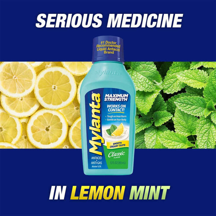 Mylanta Maximum Strength Antacid And Anti Gas Liquid Classic Flavour 12 Oz Banner That Reads - Serious Medicine In Lemon Mint Flavour