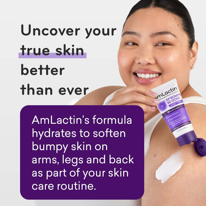 Amlactin KP Bumps Be Gone 15% Lactic Acid Moisturizing Cream 3 Oz Banner Showing A woman Applying The Cream