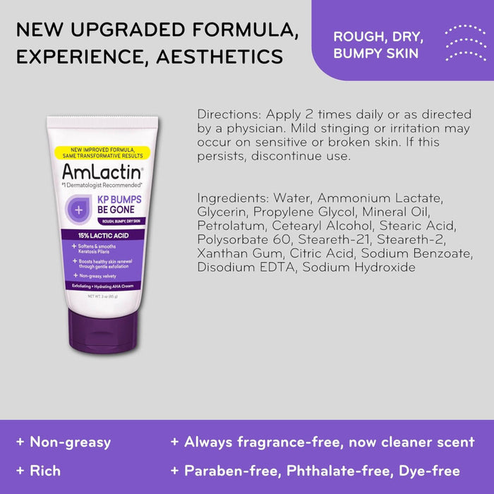 Amlactin KP Bumps Be Gone 15% Lactic Acid Moisturizing Cream 3 Oz Images Showing Ingredients List And Usage Directions