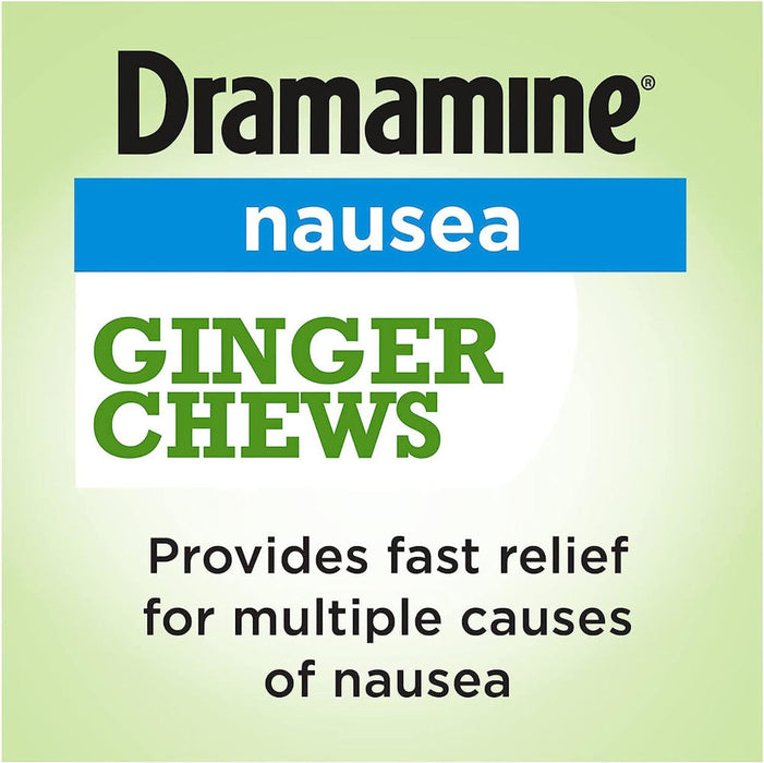 Dramamine Nausea Non=Drowsy Ginger Soft Chews 20 Count Banner That Reads Provides Fast Relief