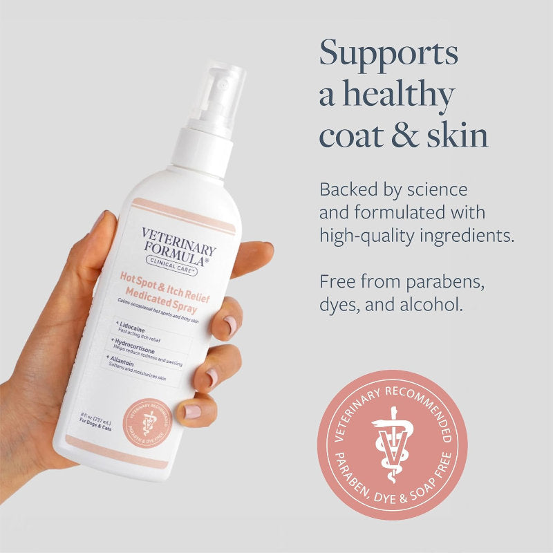 Hand holding a bottle of Veterinary Formula pet product with text about its benefits on a light gray background.